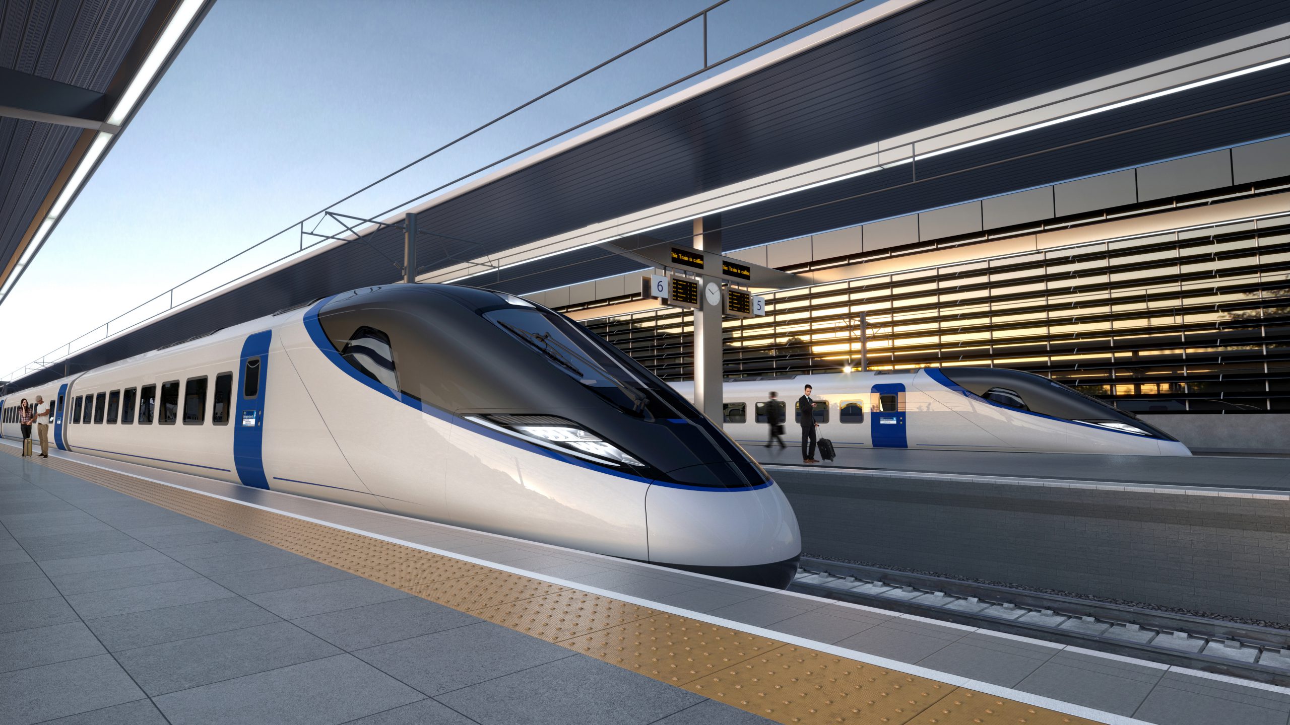 Artists impression of HS2 high-speed train at a modern railway platform, showcasing the importance of health and safety consultancy in large-scale infrastructure projects. Paul Feely & Associates partners with Paul Mulcair UK Ltd to ensure site safety and compliance on HS2.